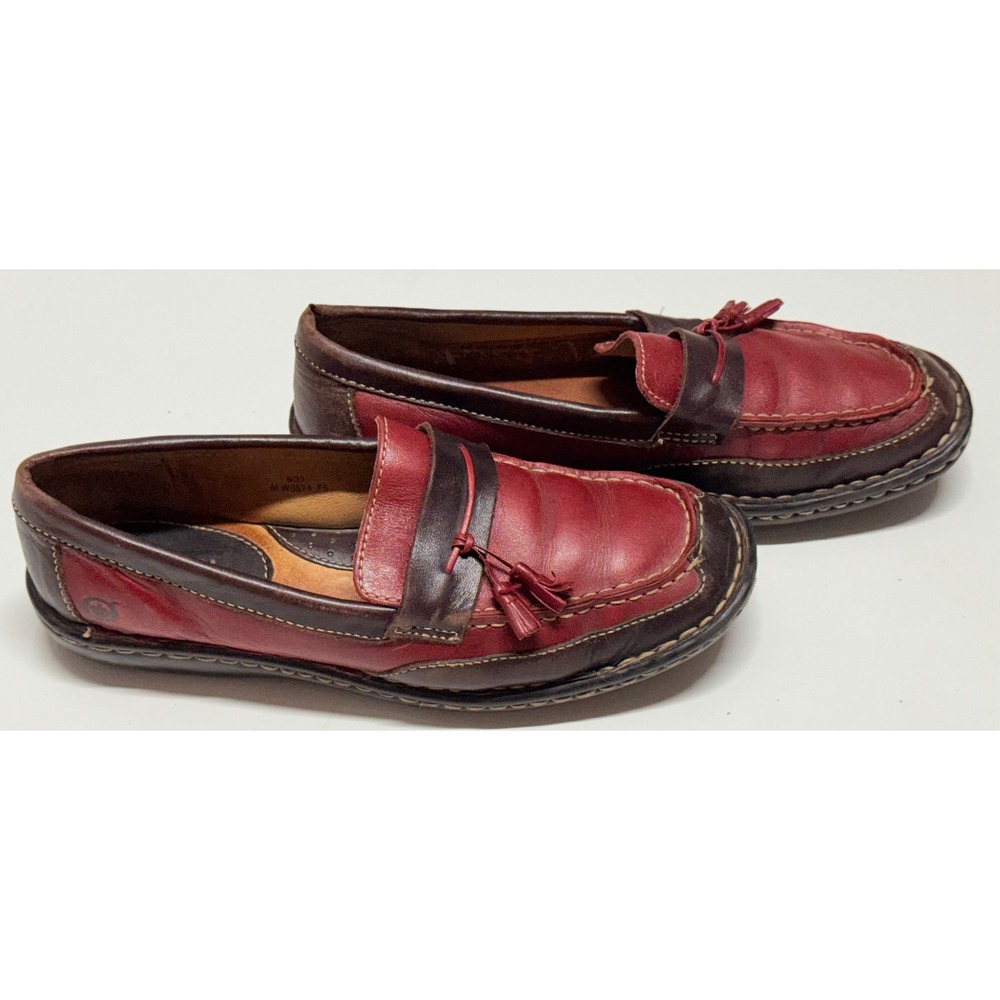 Born Handcrafted Red Brown Leather Tassel Loafers Moc Toe M W0574 F5 Womens 8/39